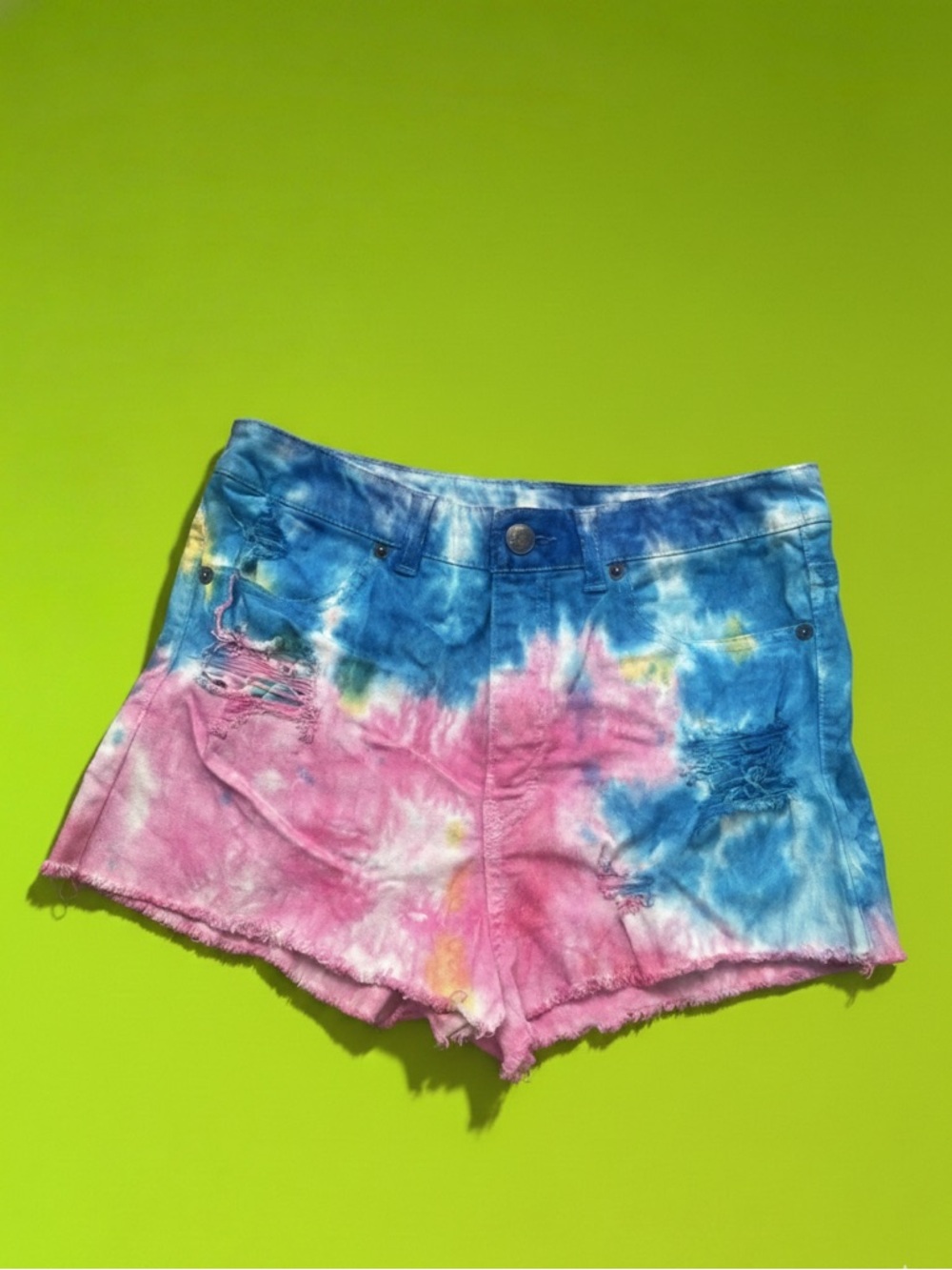 H&M Tie-Dye Denim Shorts in Pink & Blue